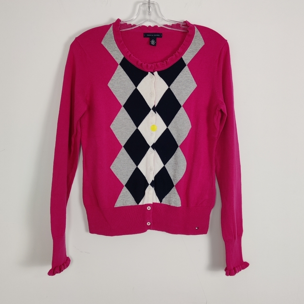 Tommy Hilfiger Women's Button Down Argyle Cotton Cardigan Pink Ruffle Sz Medium